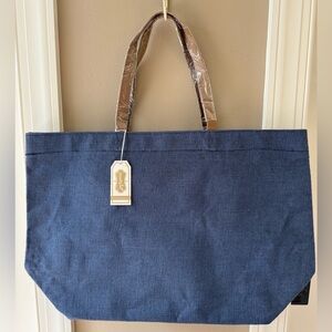 Mud Pie Solid Navy Large Jute Tote Bag With Leather Handles NEW with tags